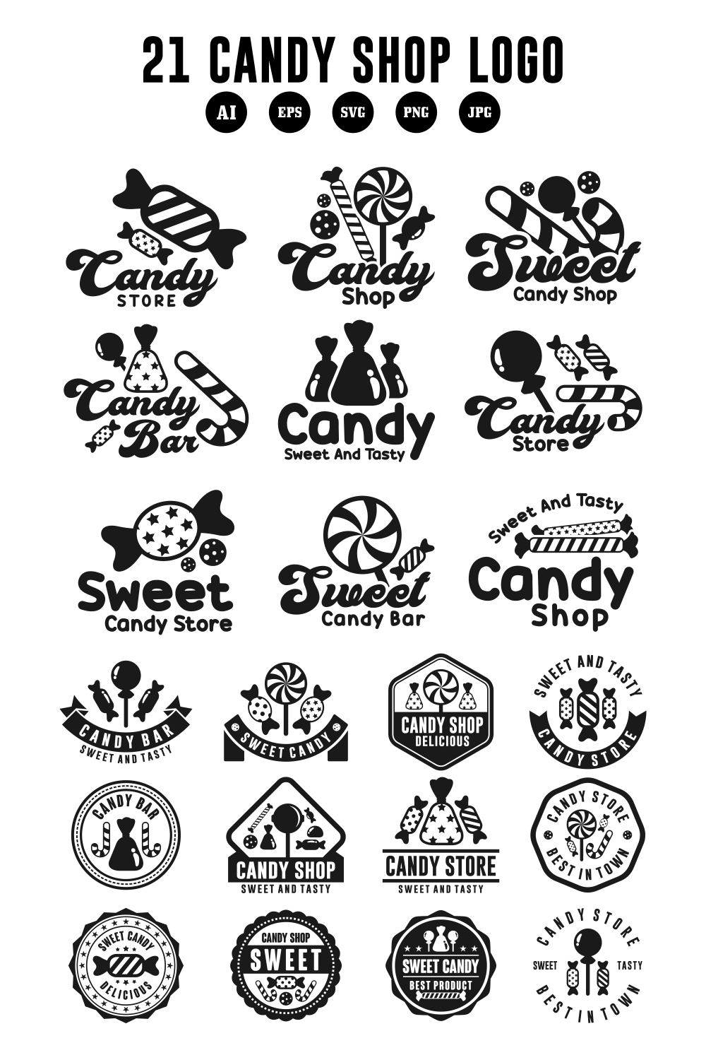 21 Candy shop logo design collection - $15 pinterest preview image.