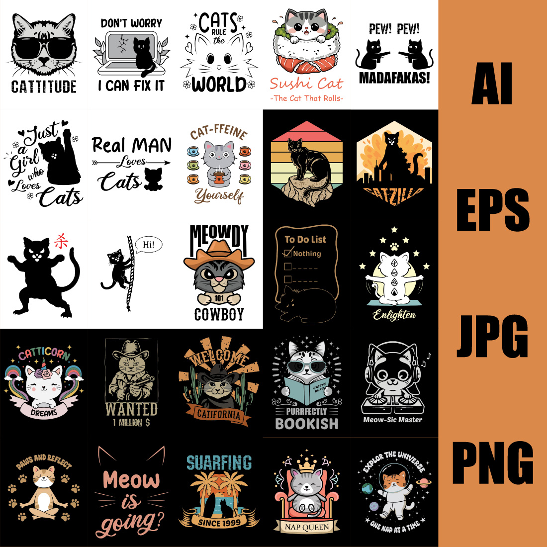 25 Editable Cat T Shirt Design Bundle preview image.