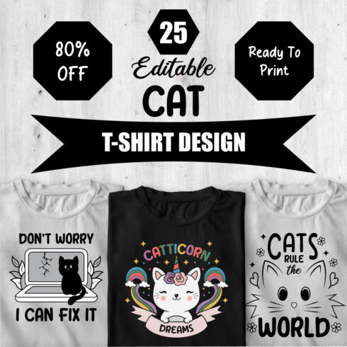 25 Editable Cat T Shirt Design Bundle cover image.