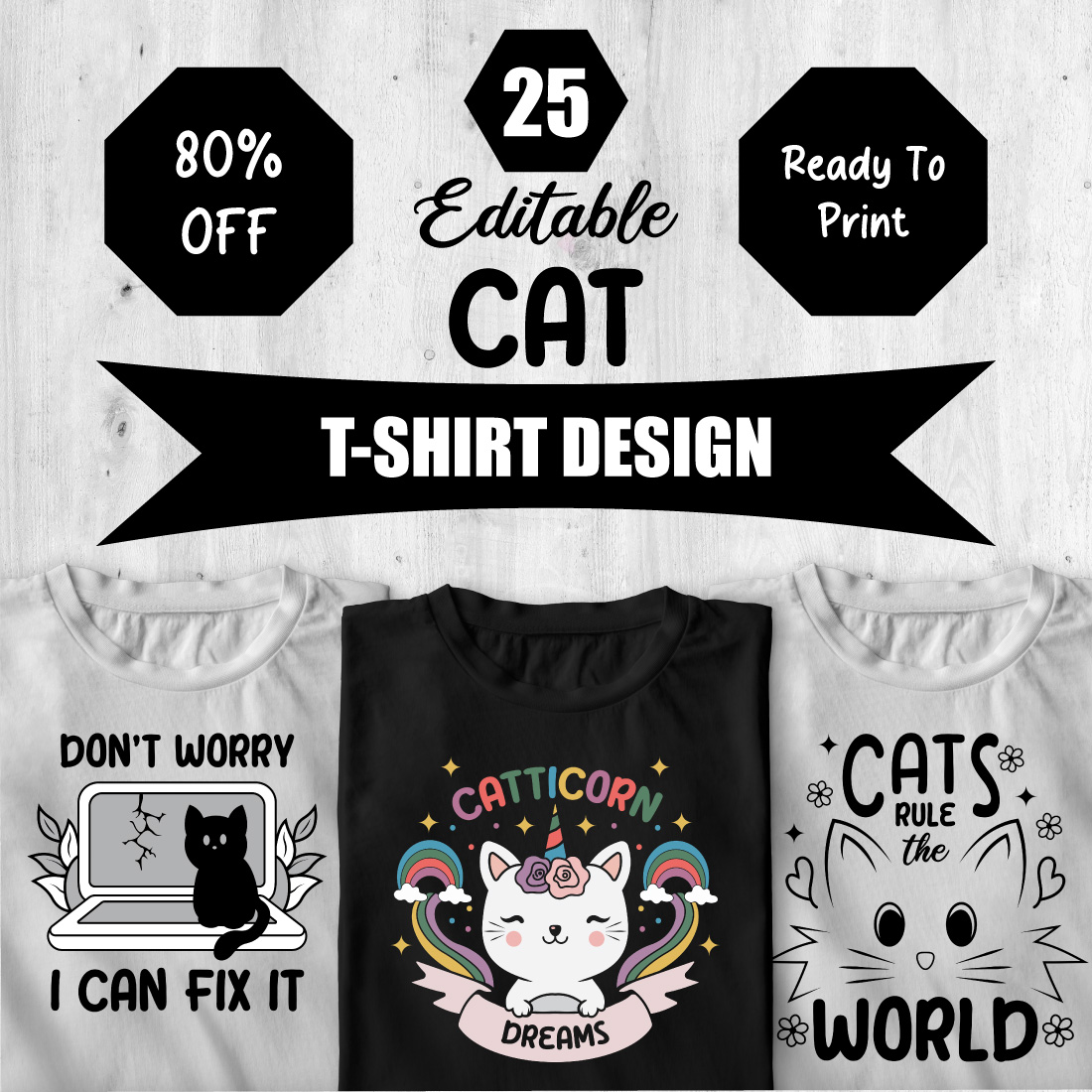 25 Editable Cat T Shirt Design Bundle cover image.