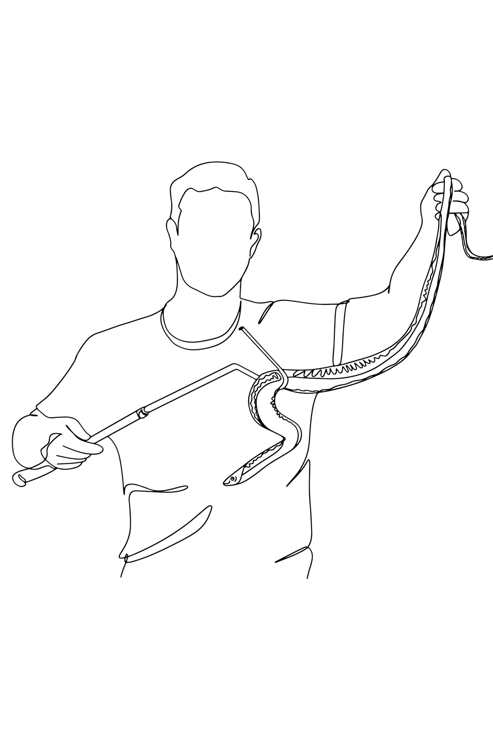 Snake Whisperer Cartoon: Professional Snake Catcher in One Line, Continuous Sketch Snake Catcher Tools: Cartoon Illustration, Professional Snake Catcher Cartoon pinterest preview image.