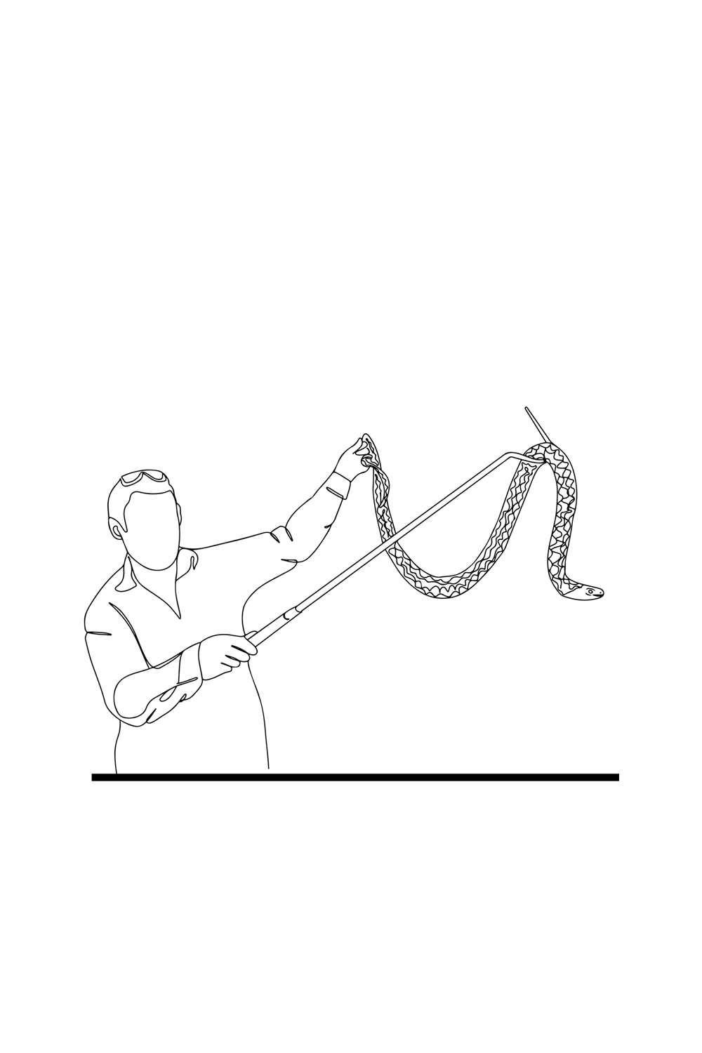 Snake Handling Mastery: Professional Catcher One-Line Cartoon, Continuous Sketch Cartoon: Snake Tamer's Tools in Action, Snake Catcher Continuous Sketch pinterest preview image.