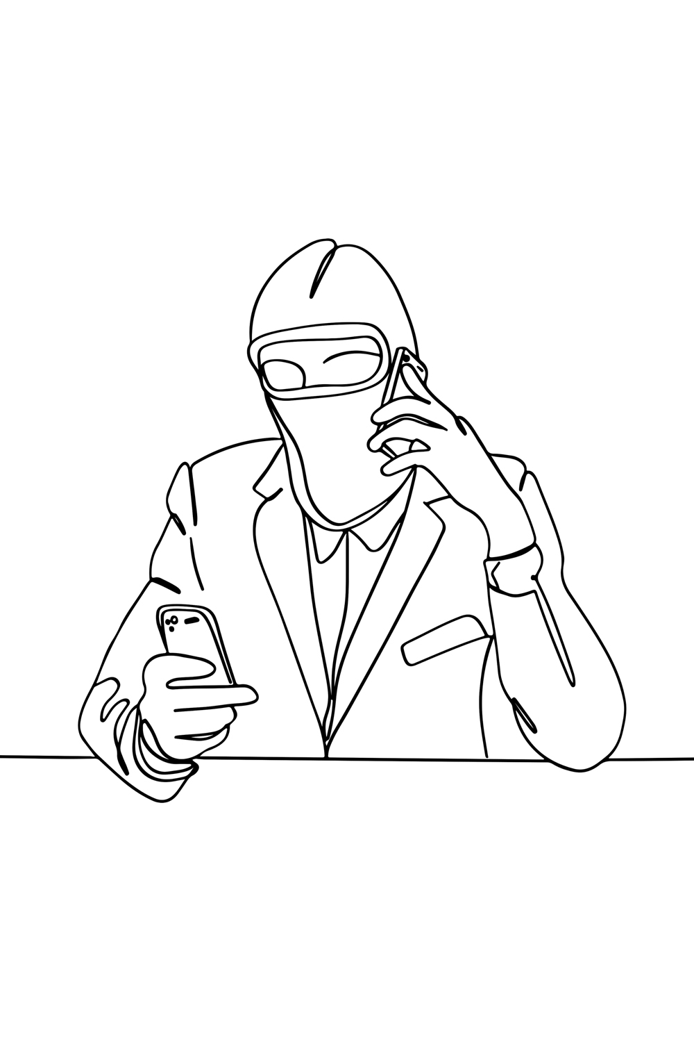 Phone Scam Saga: Cartoon Drawing of Masked Hacker in Continuous Line, Online Threat Vector: Continuous Line Drawing of Cyber Scammer with Mask pinterest preview image.