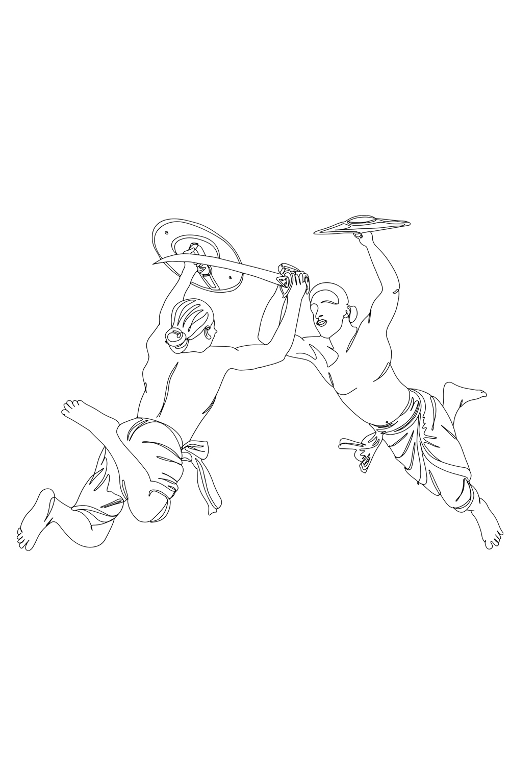 Dynamic Kalarippayat Warriors: One-Line Illustration of Ancient Combat, Tradition Meets Art: Kalarippayat Swordfight in Indian Martial Arts, Kalarippayat Swordfight Sketch pinterest preview image.