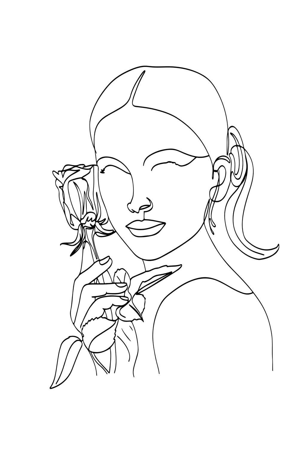 Printable Beauty: Abstract Face with Flowers Line Vector Art "Feminine Chic: One Line Drawing of Woman Face and Flowers" "Floral Simplicity: Continuous Line Art of Woman Face Vector" pinterest preview image.