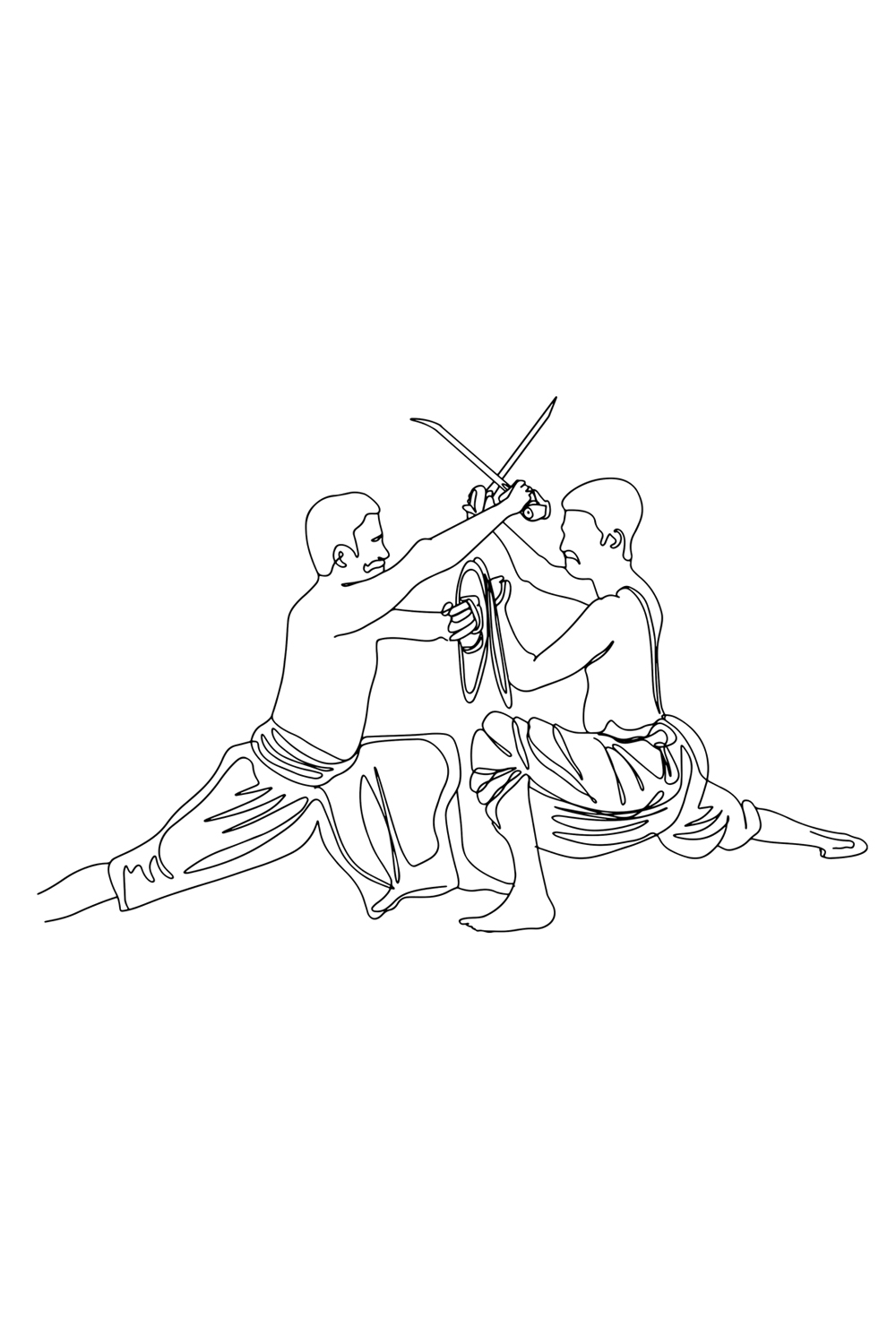 Indian Martial Arts Cartoon: Kalarippayat Warriors in One Line, Epic Battle Scene: Kalarippayat Swords and Shields Illustration, Kalarippayat Warriors Sketch pinterest preview image.