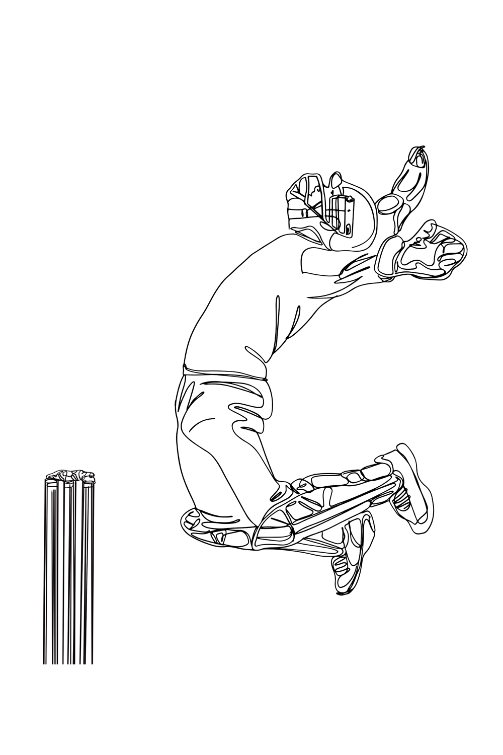 Cricket Excellence: One-Line Sketch of Spectacular Wicketkeeper Catch, Cricketing Precision: Hand-Drawn Scene of Wicketkeeper's Exceptional Grab pinterest preview image.