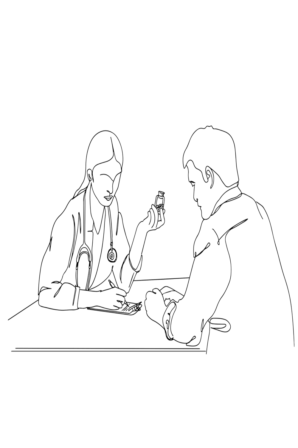 One-Line Doctor Visit: Prescription Time "Cartoon Medication Moment: Doctor's Advice" "Simple Sketch: Female Doctor Prescribing Pills" "Seamless Drawing: Doctor Giving Medication" pinterest preview image.