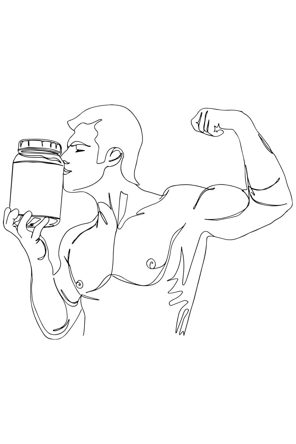 Fitness Romance: Cartoon Sketch of Muscular Man's Affectionate Kiss to Protein Jar, Love for Fitness Fuel: Sketch Drawing of Muscular Man Kissing Protein Powder Jar, Fit man vector pinterest preview image.