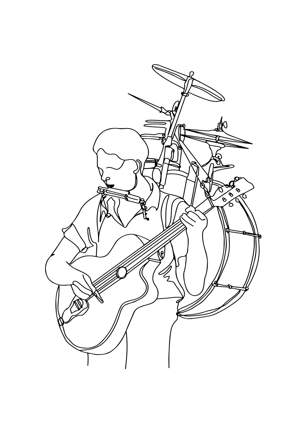 Hand-Drawn Cartoon: Musical One-Man Band Street Performance, Street Musician's Melody: Cartoon Sketch of Multi-Instrument Talent, One-Man Band in Action pinterest preview image.
