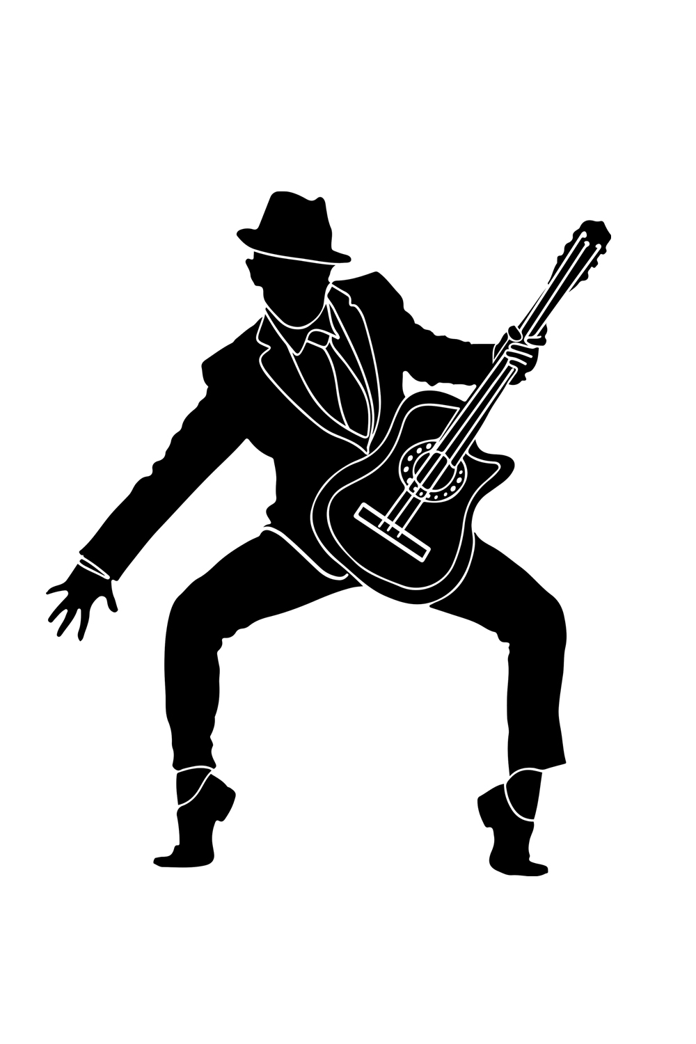 Stylish Guitar Player Silhouette: Vector Illustration for Music Enthusiasts, Silhouette Man Playing Guitar: Stock Vector for Musical Creativity, Vector Graphics: Stylish Guitar Player pinterest preview image.