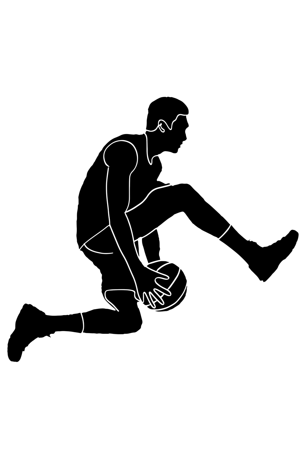Silhouette of Basketball Player Soaring with Ball, Vector Illustration of Basketball Player Jumping High, Silhouetted Basketball Player in Mid-Air Leap pinterest preview image.