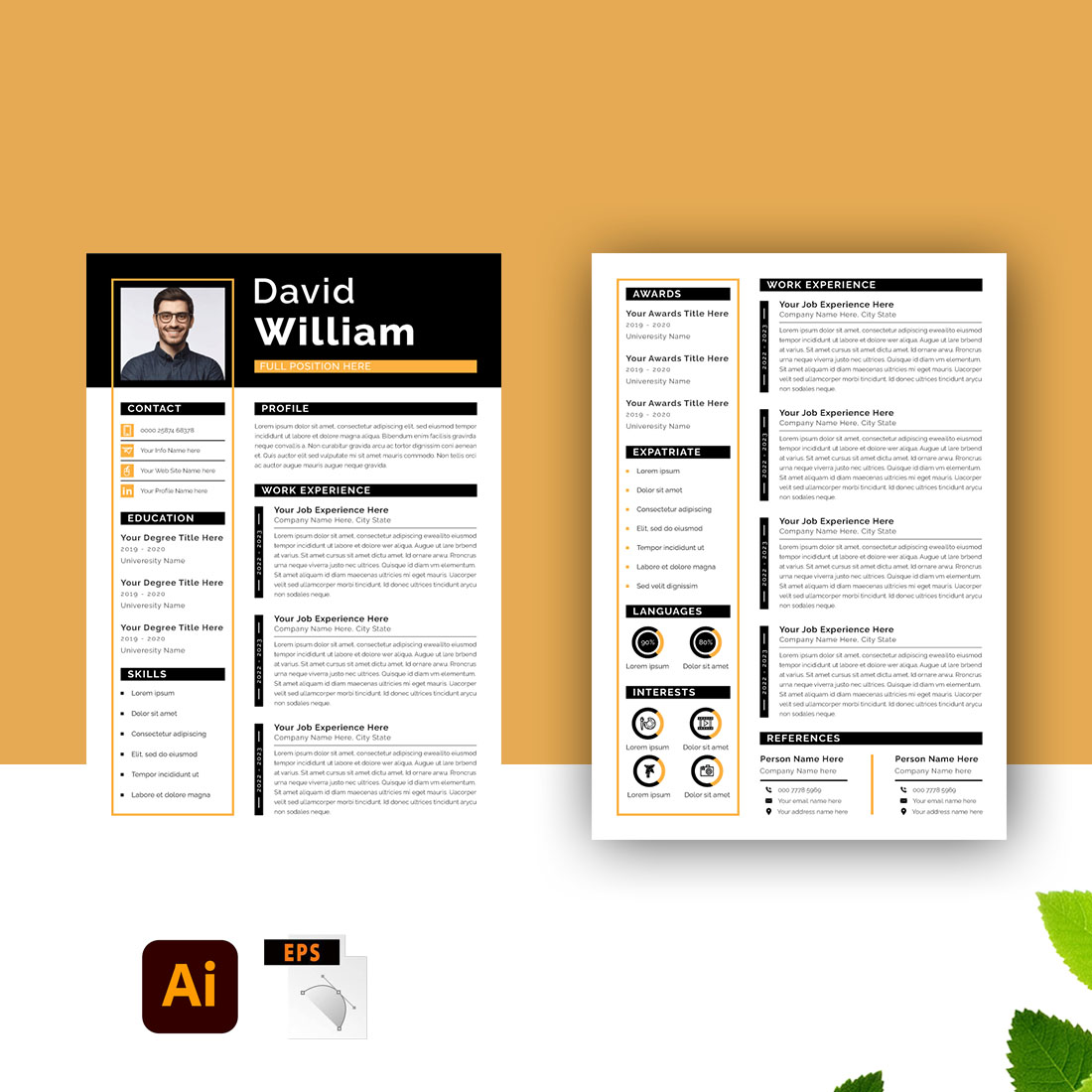 Minimalist Resume Template Vector CV 2 Page preview image.
