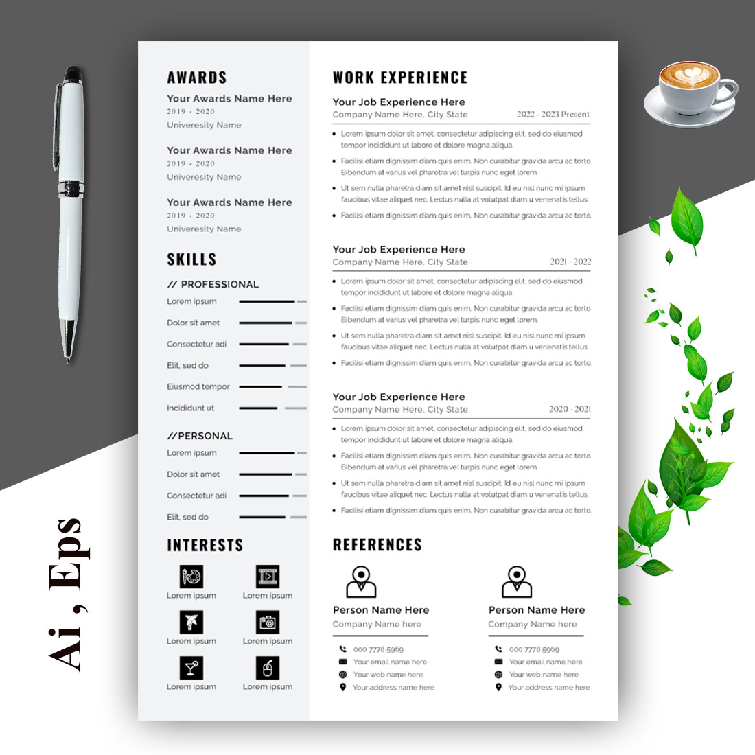 Professional Resume Design Template Gray Accent preview image.