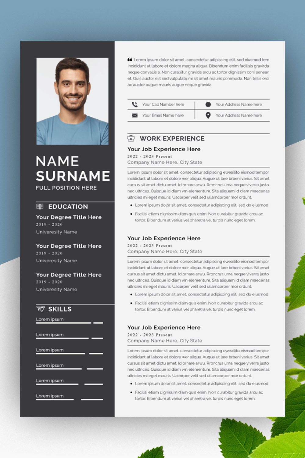 Resume CV Layout with Black & White Accents pinterest preview image.