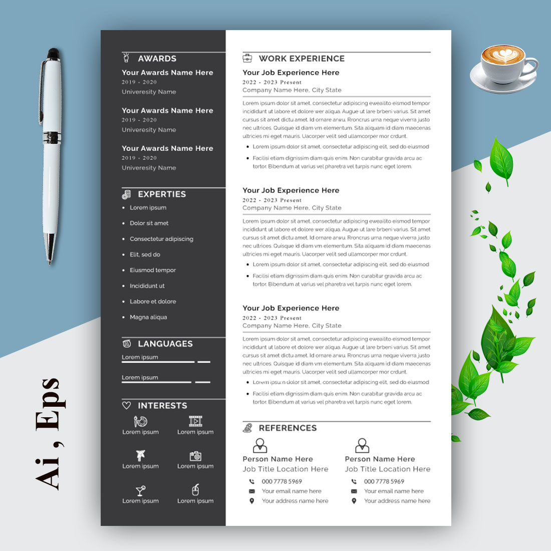 Resume CV Layout with Black & White Accents preview image.