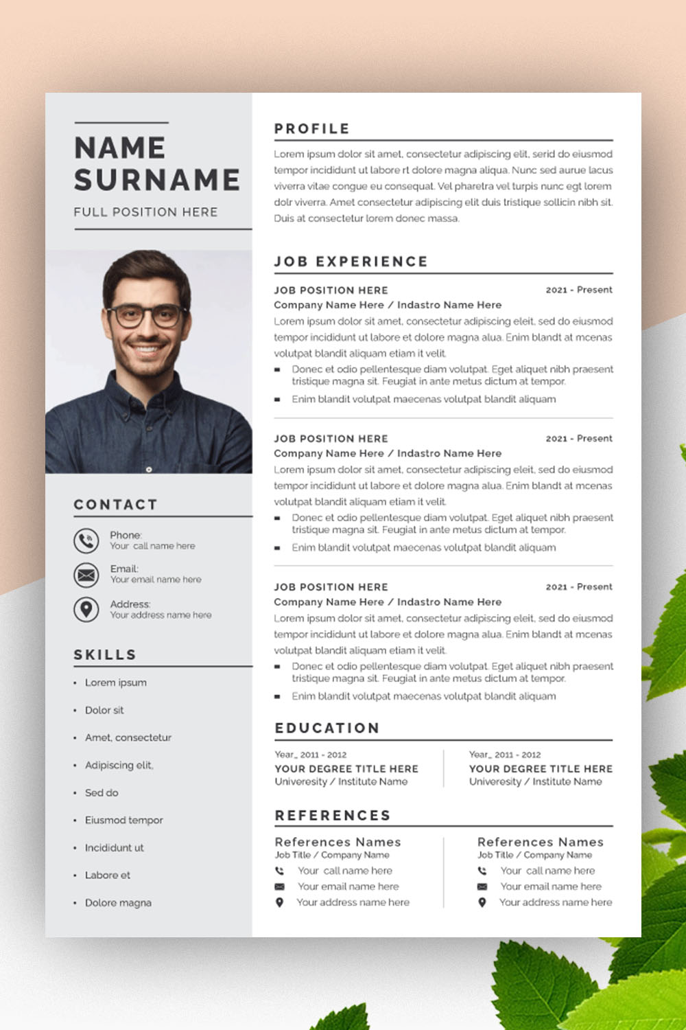 Resume Design Template with Cover Letter Clean Cv Layout pinterest preview image.