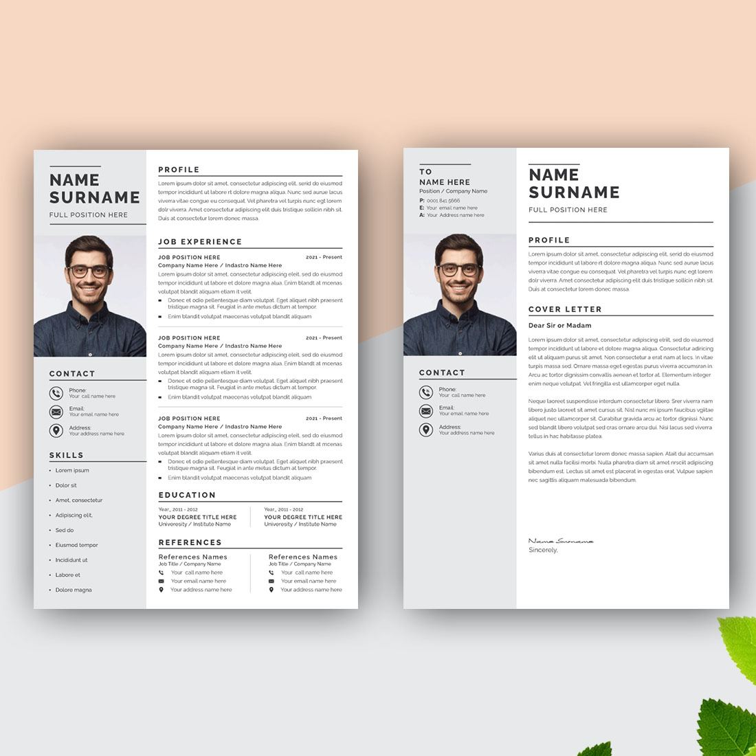 Resume Design Template with Cover Letter Clean Cv Layout preview image.