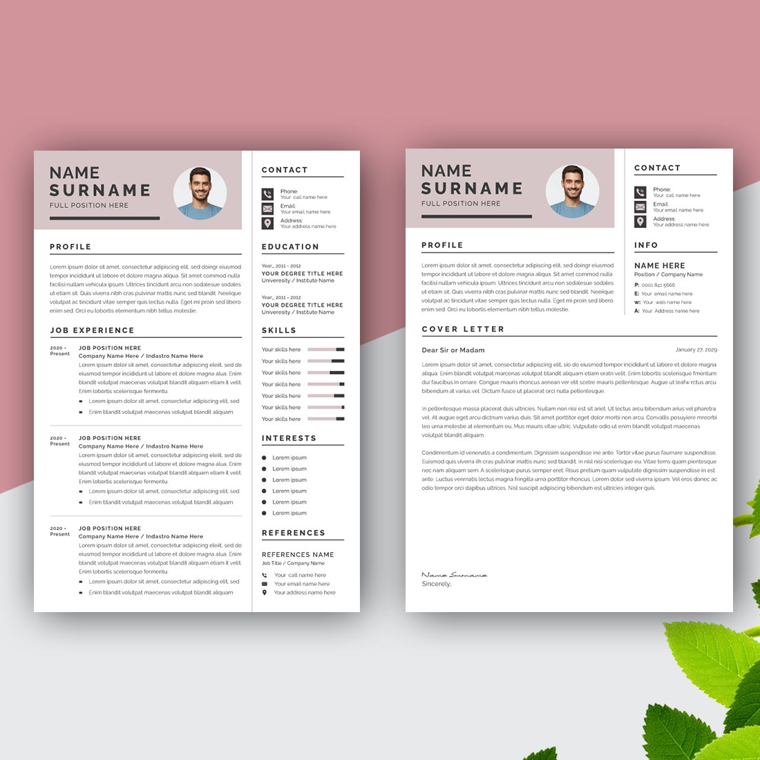 Tan Resume and Cover Letter Layout Set preview image.