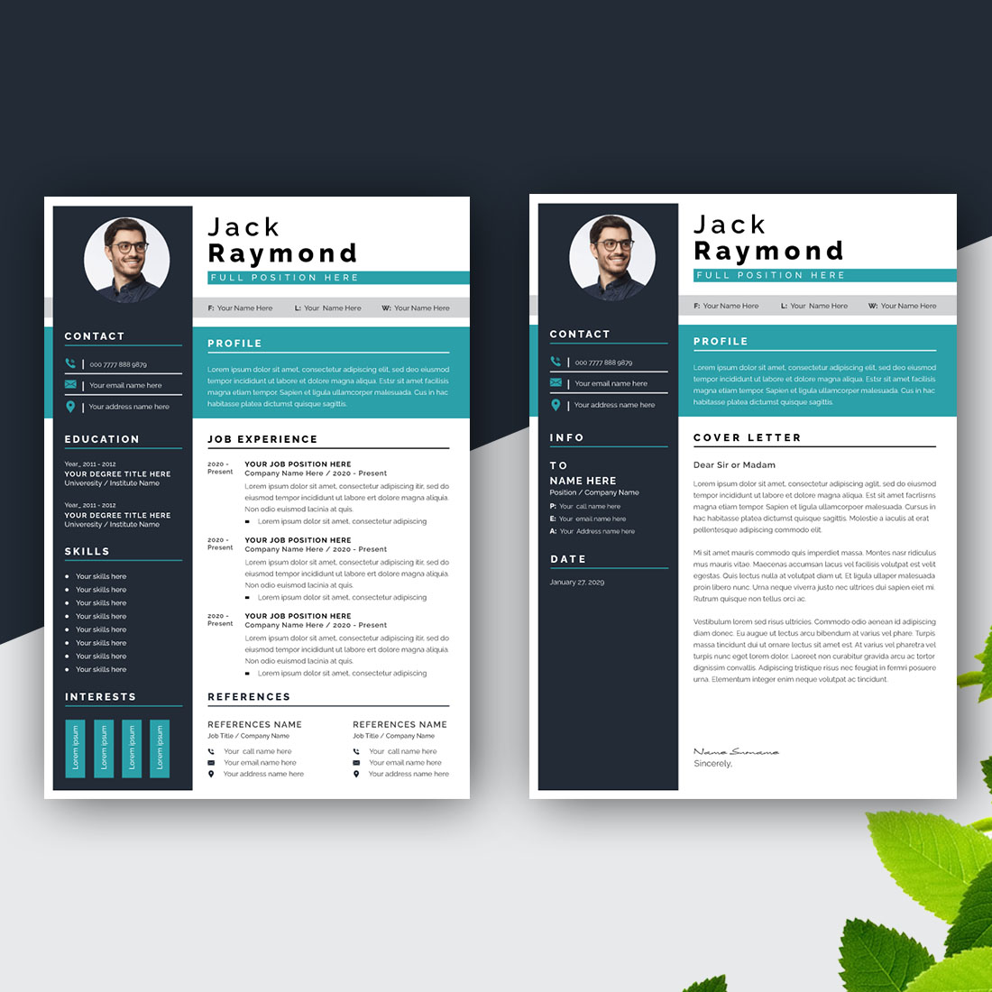 Modern CV Resume Template Design and Cover Letter layout preview image.