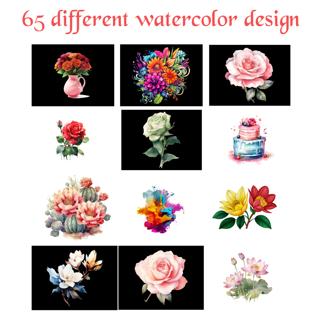 65 Different Watercolor Designs preview image.