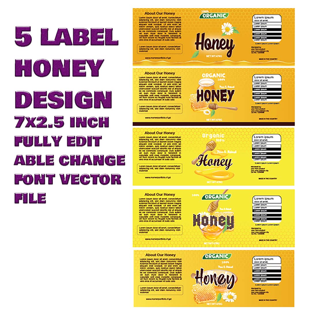 Honey label 7 inches by 25 inches preview image.