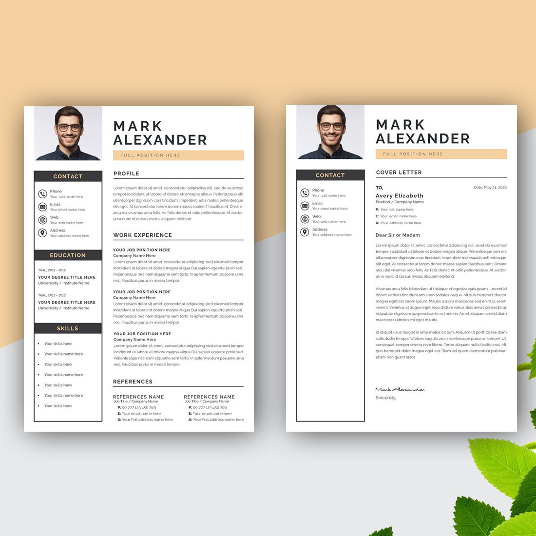 Personal Resume Template CV and Cover Letter layout Design preview image.