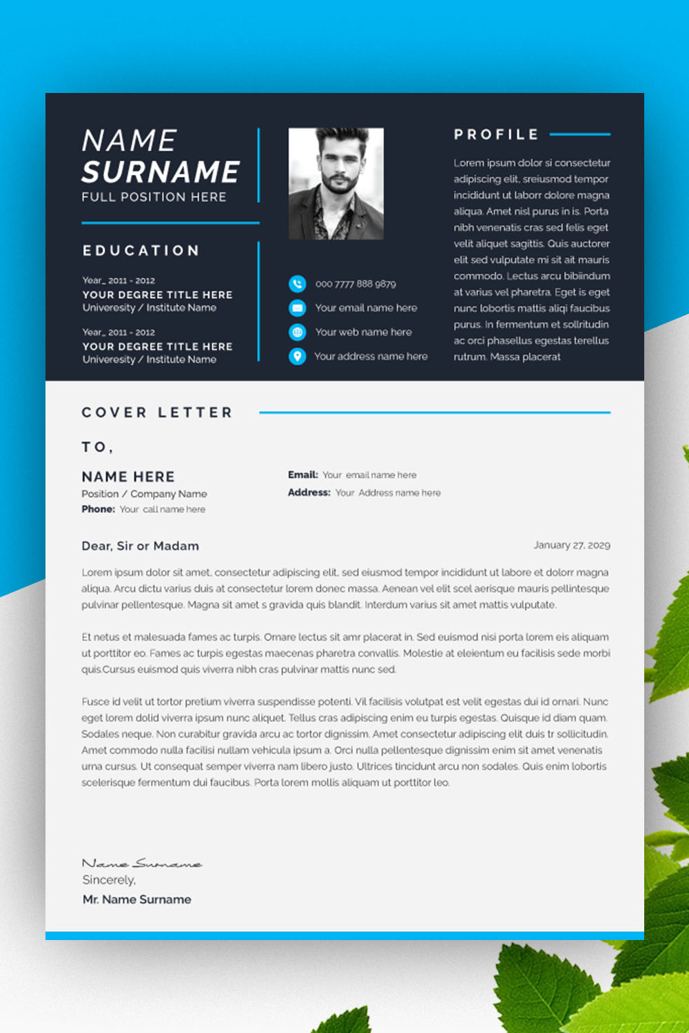 Modern Professional Resume Design Template with Blue Color pinterest preview image.
