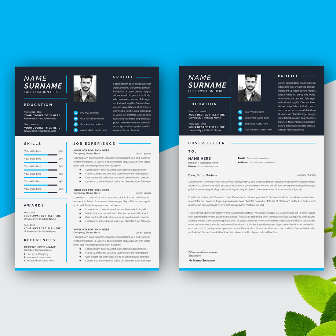 Modern Professional Resume Design Template with Blue Color preview image.