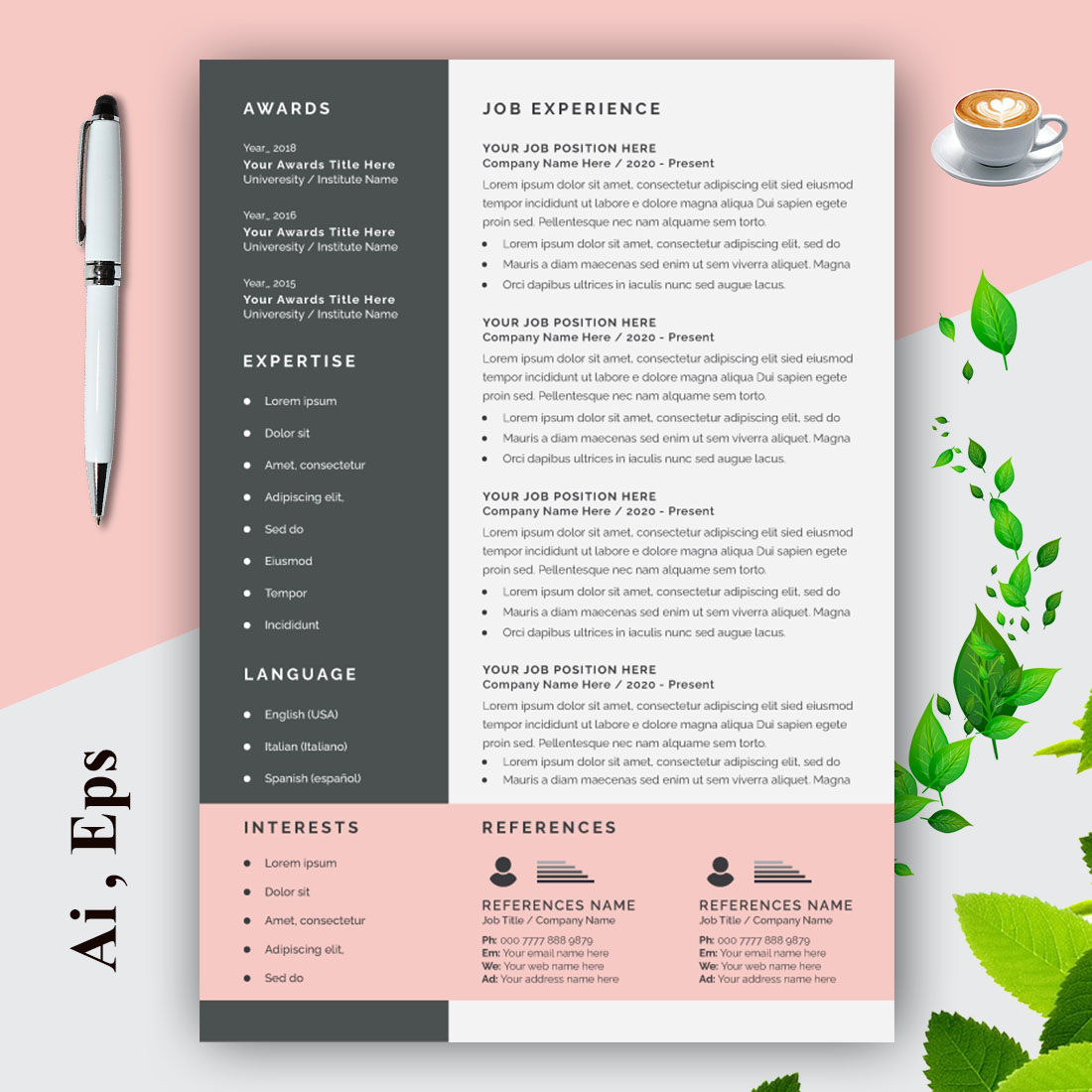 Modern Resume Template CV Design Vector Creative Cover Letter preview image.