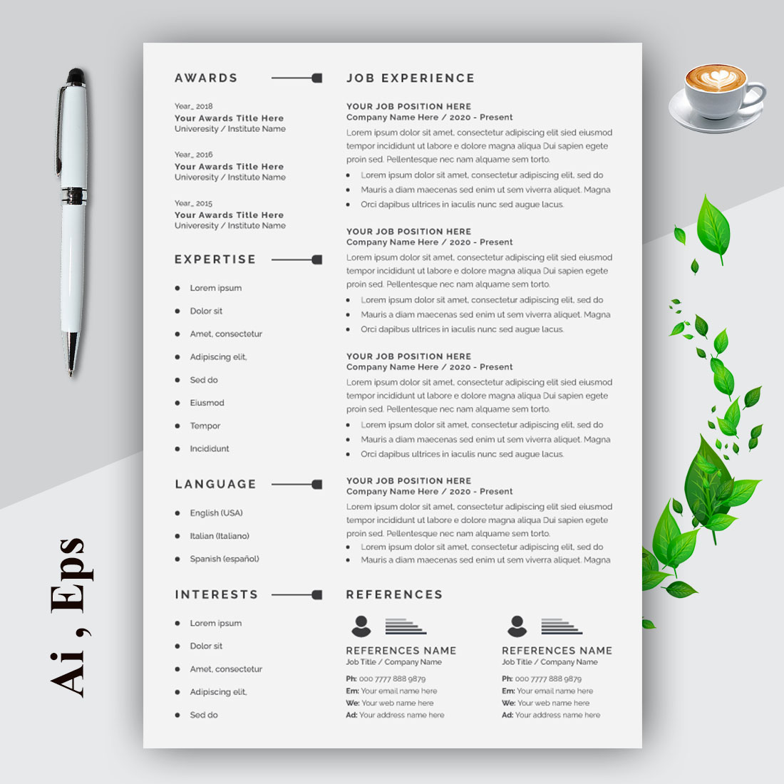 Modern and Professional Resume CV Template Design Layout preview image.