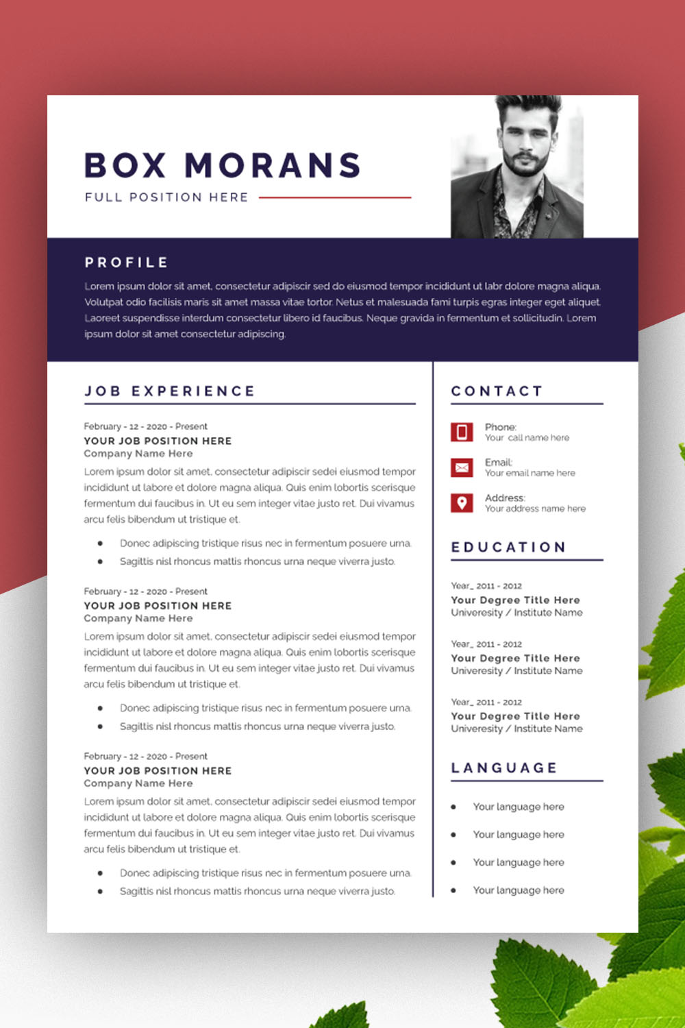 Professional Resume CV Layout Design Template pinterest preview image.