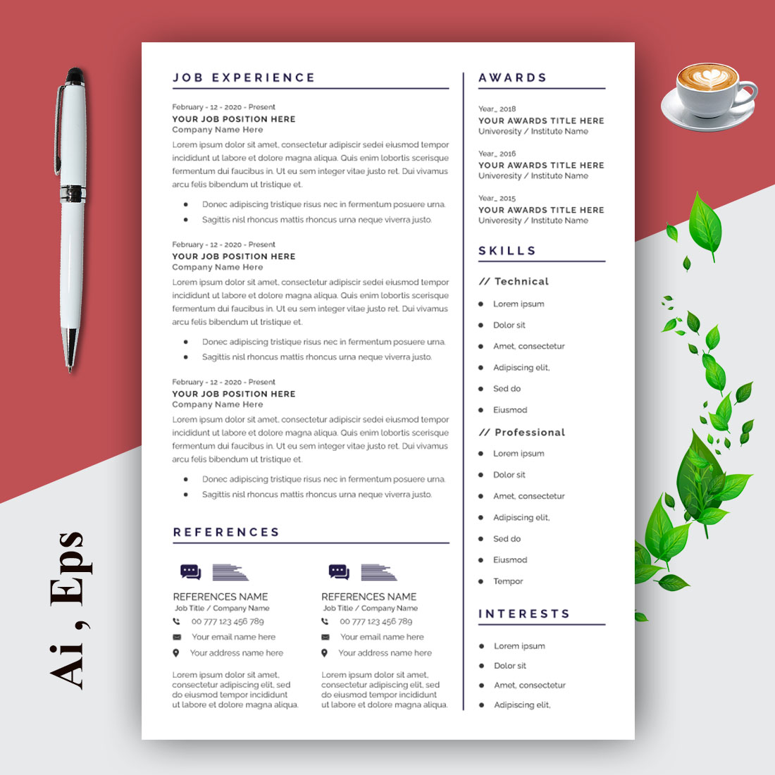 Professional Resume CV Layout Design Template preview image.