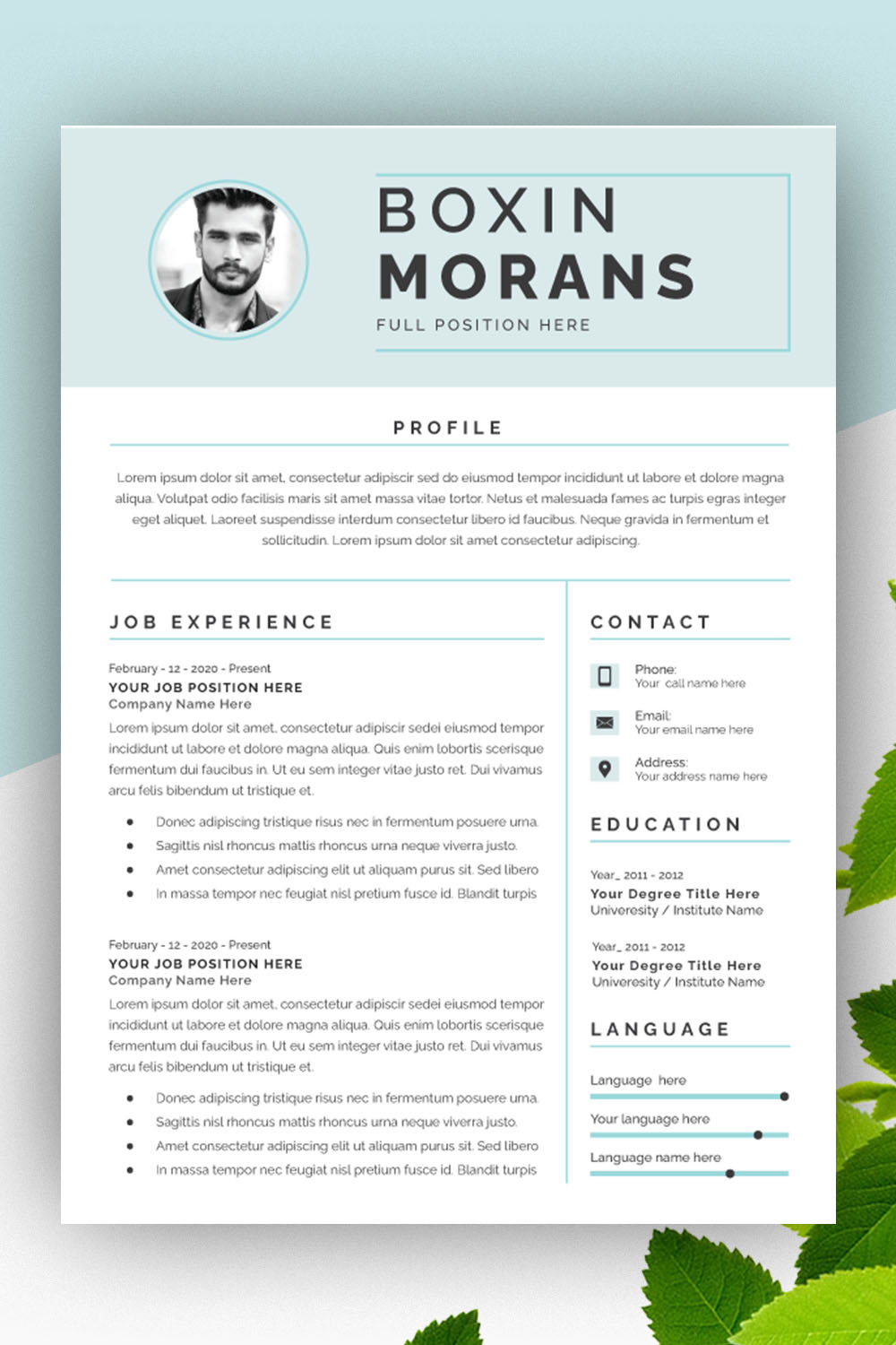 Creative Resume Layout with Cover Letter Design Template pinterest preview image.