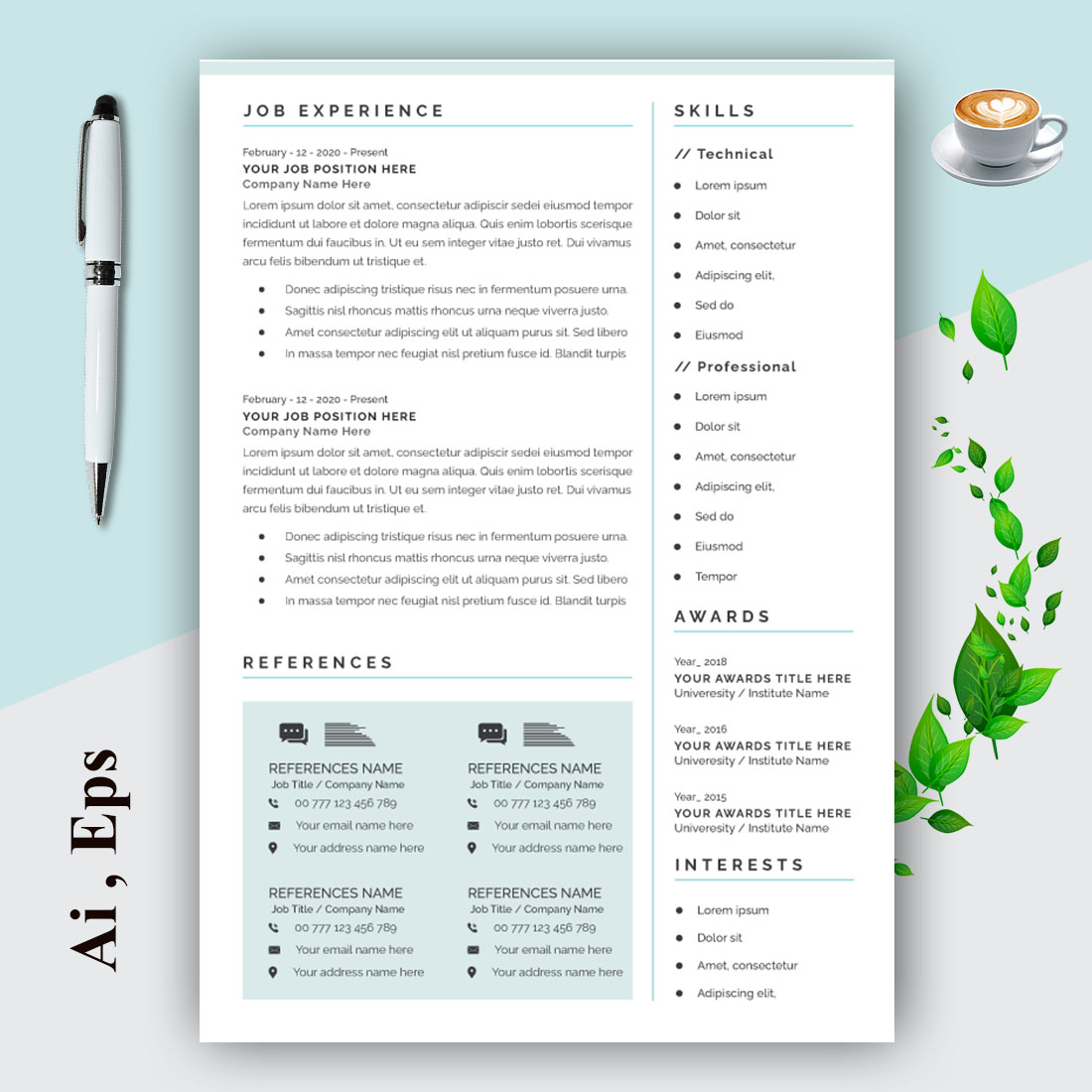 Creative Resume Layout with Cover Letter Design Template preview image.