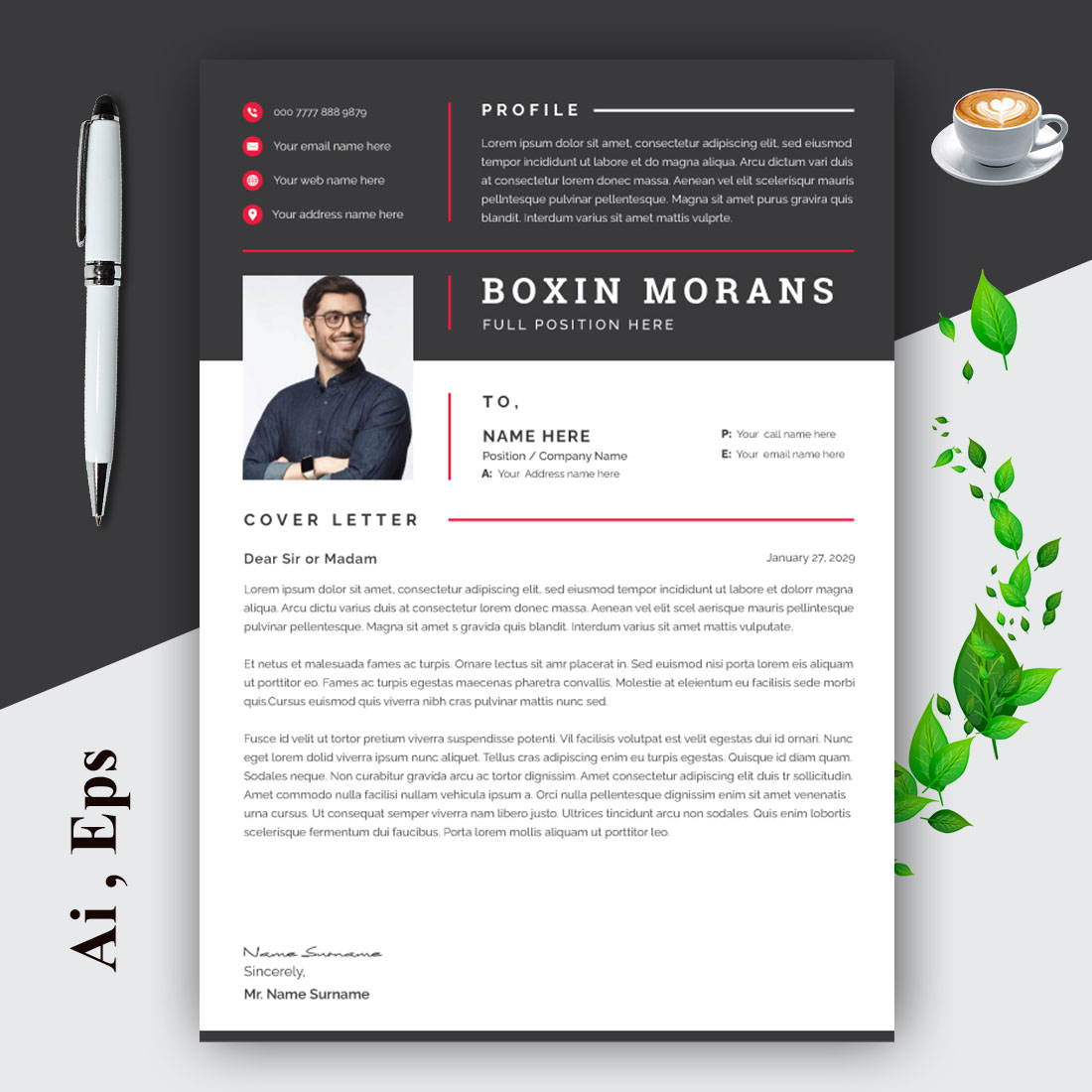 Professional Resume CV Template Layout Design preview image.