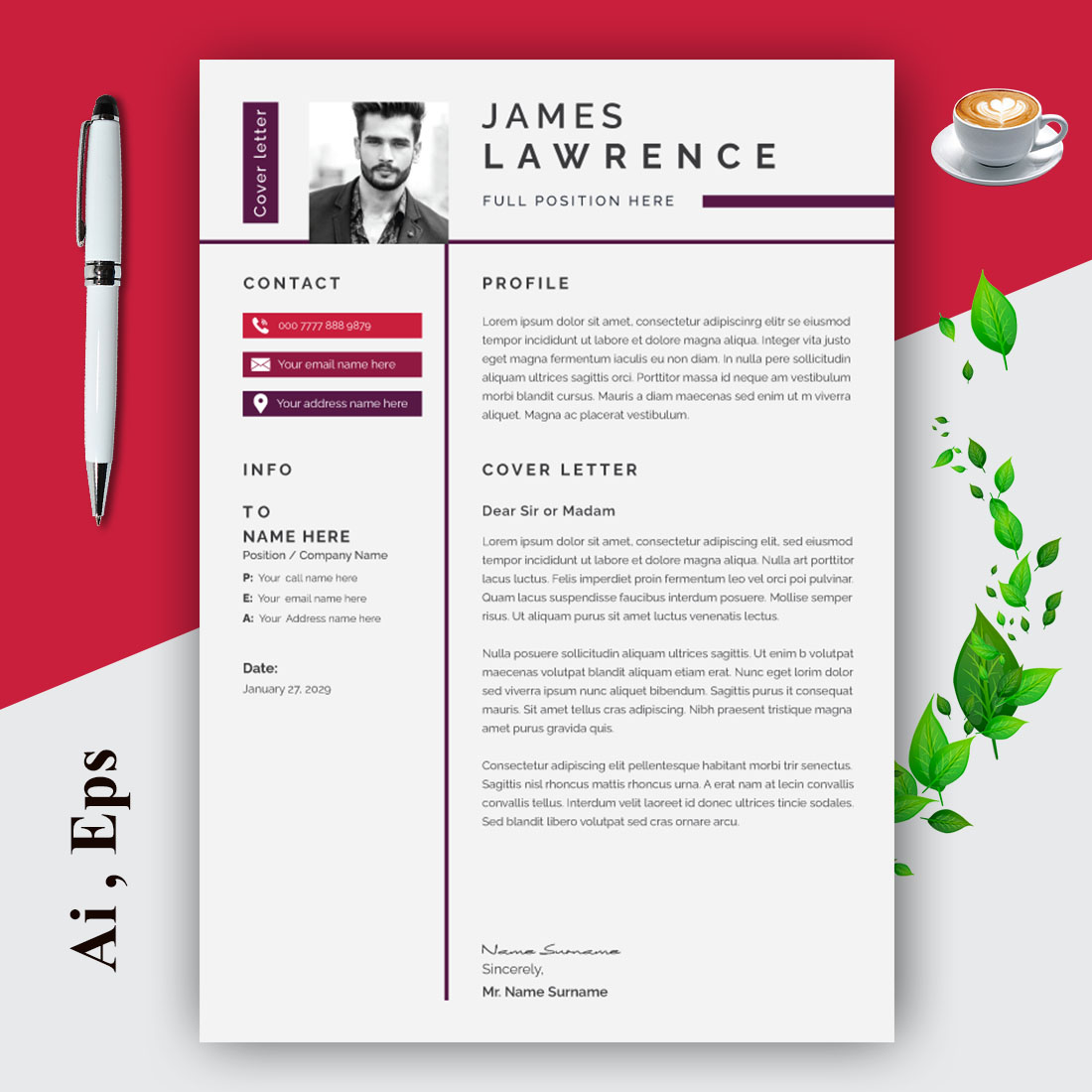 Modern Resume Template and Cover Letter Page Set preview image.