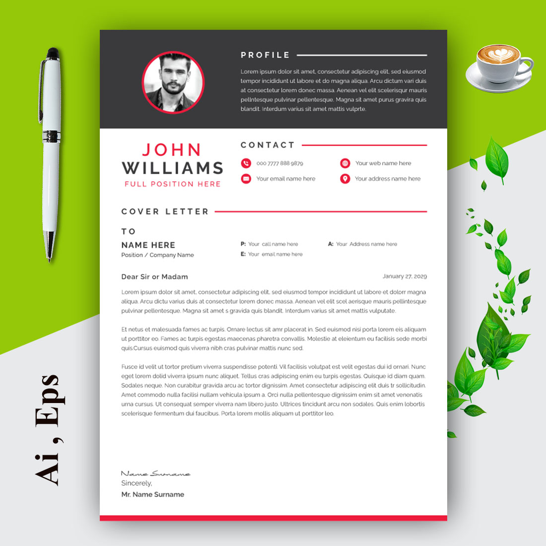 Clean Resume Cv Layout Design Template preview image.