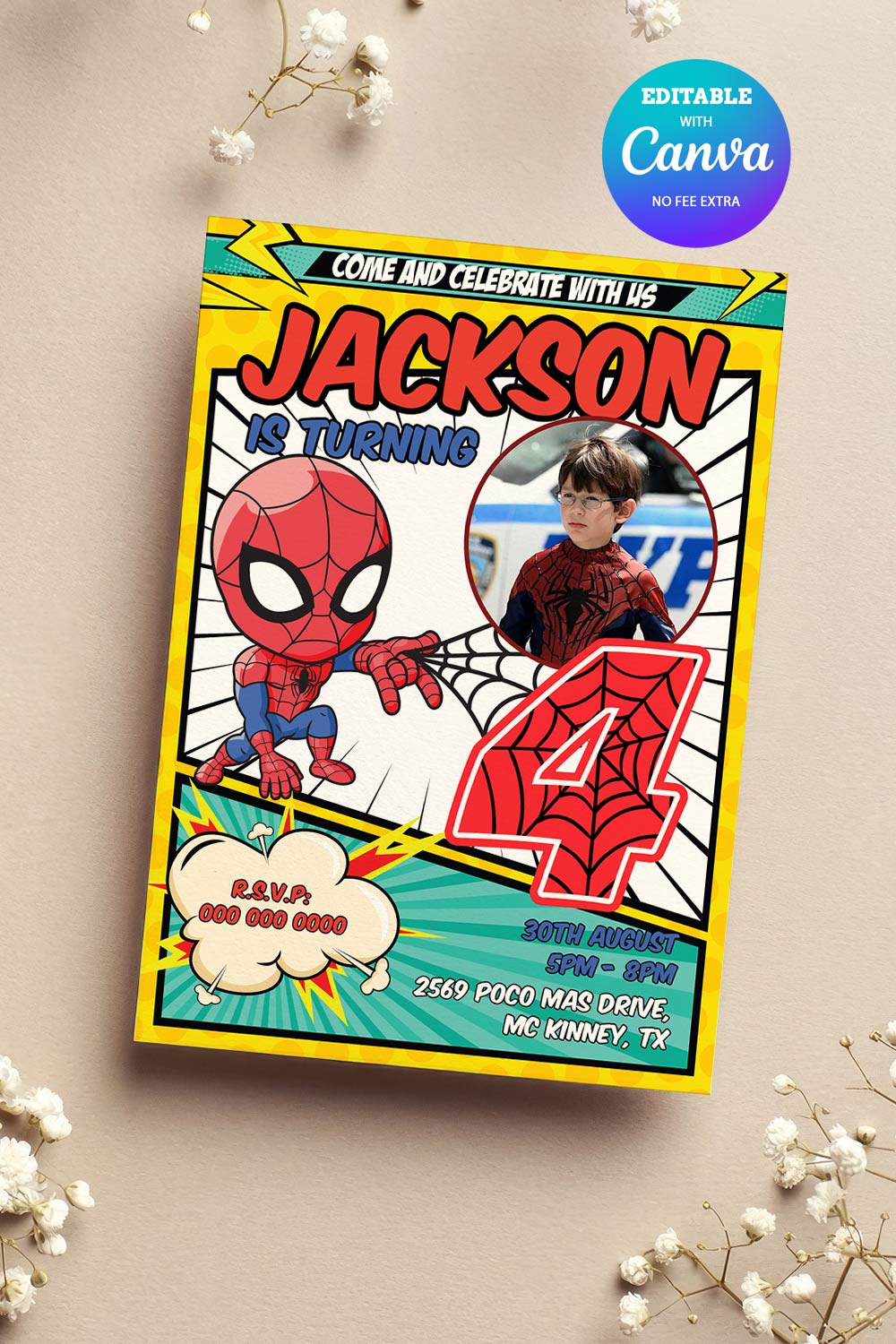 Cute Spiderman 4th Birthday Invitation with photo, pinterest preview image.