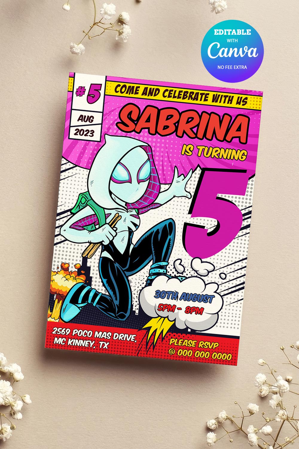 Spider Gwen Birthday Invitation, Spider Gwen ANY AGE Birthday Invitation Canva Editable Instant Download pinterest preview image.