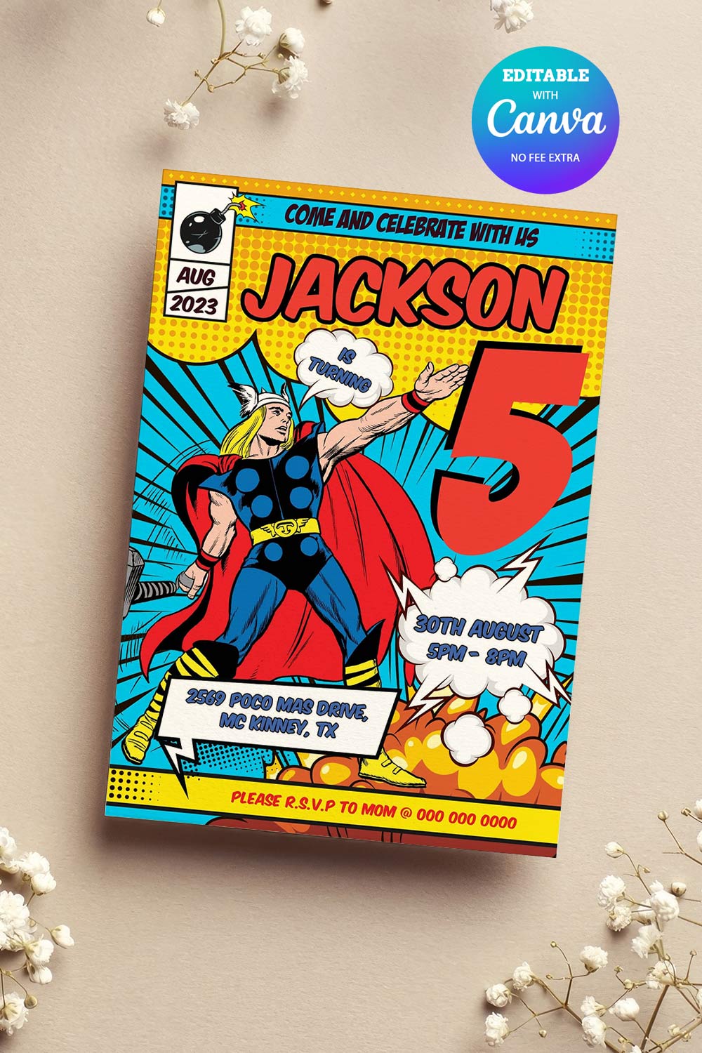 Thor Birthday Invitation , Comic Marvel Thor Birthday ANY AGE Invitation Canva Editable Instant Download pinterest preview image.