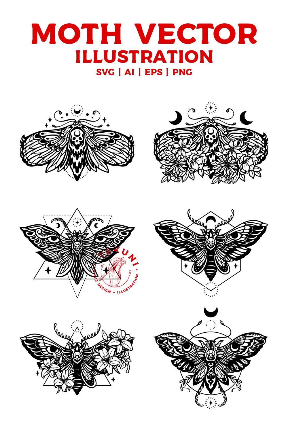 Set of Moth Illustration, Floral Butterfly Bundle - Instant Download pinterest preview image.