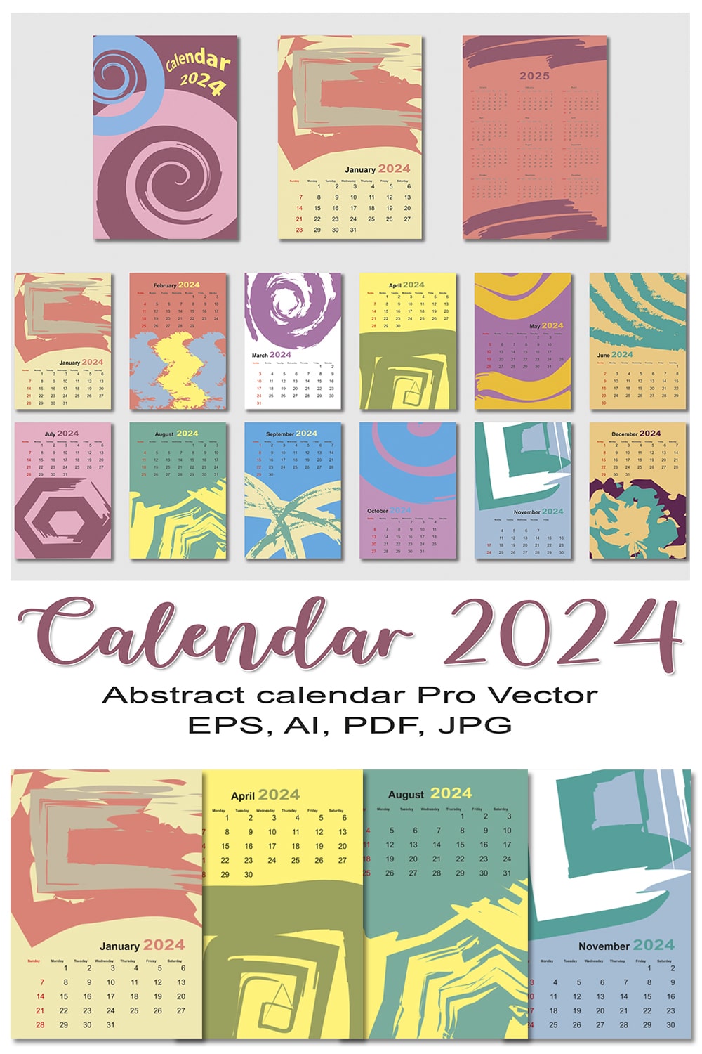 Vector Wall Abstract Calendar_2024_vertical pinterest preview image.