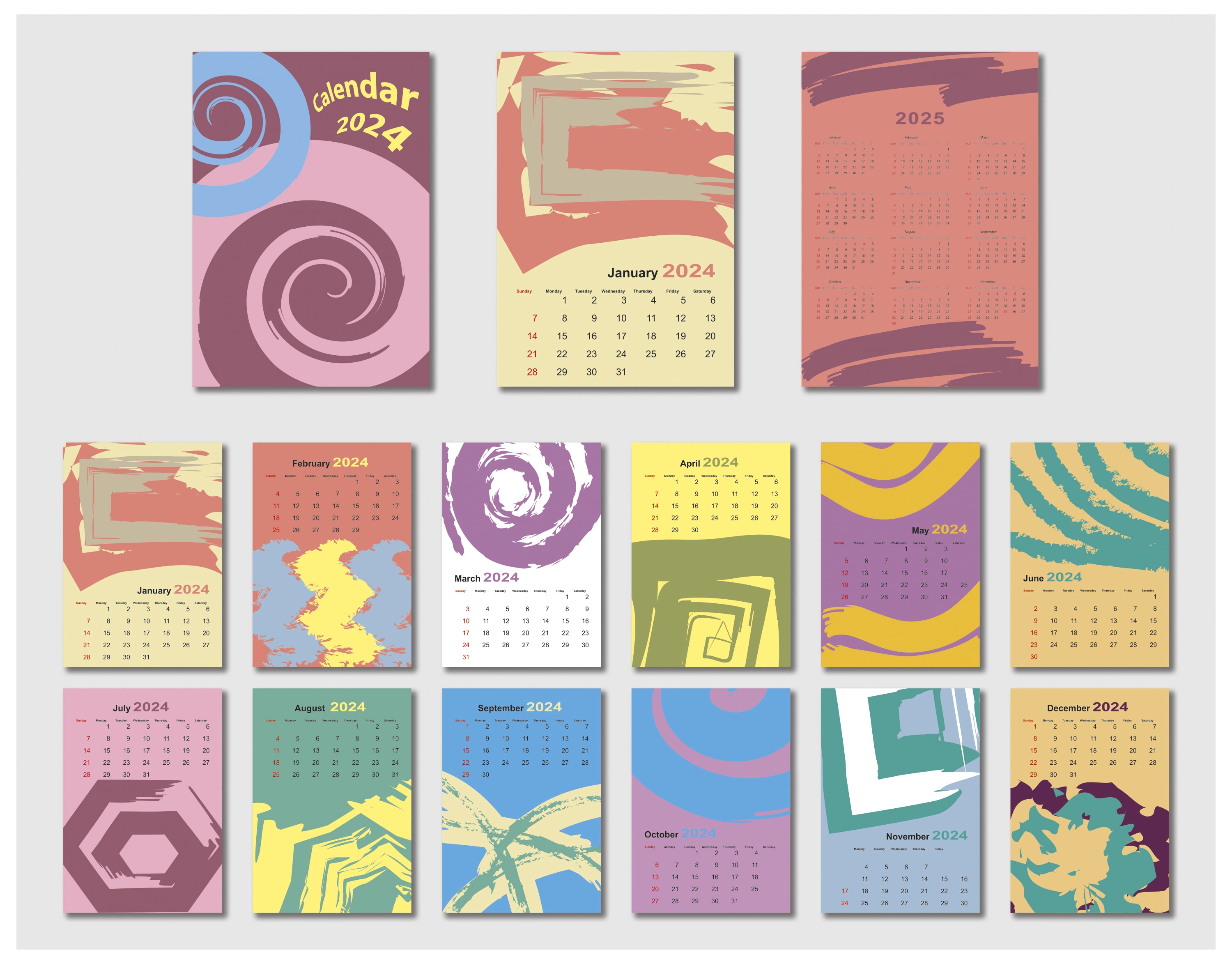 abstract colourful vector wall calendar 2024 12 pages plus cover and page of 2025 year calendar editable size a4 masterbundles copy min 559