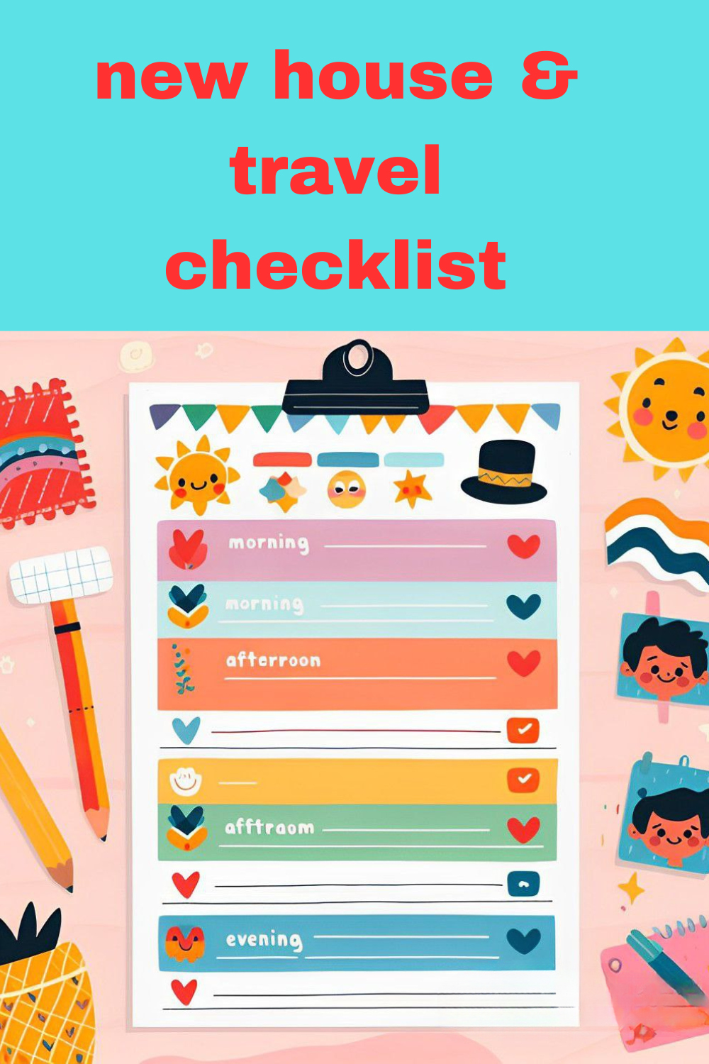 new house & travel checklist pinterest preview image.