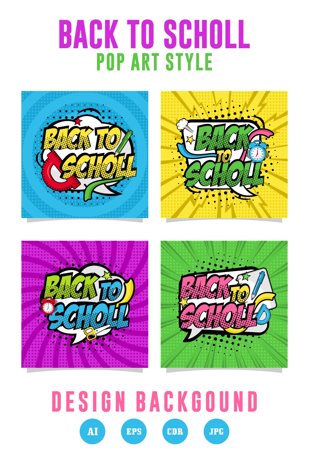 Back To Scholl Pop art style vector design collection - $5 pinterest preview image.