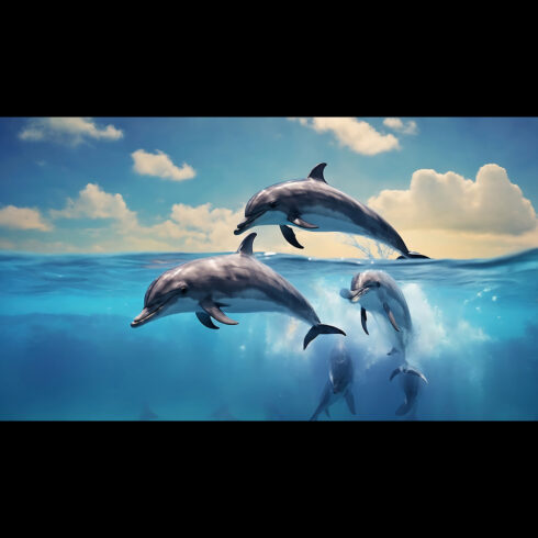 Beautiful bottlenose dolphins jumping out of sea with clear blue water on sunny day - ai generated cover image.