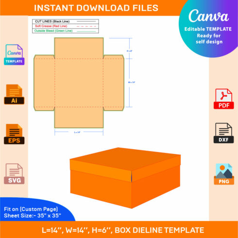 Box With Lid, Dieline Template, SVG, EPS, PDF, DXF, Ai, PNG, JPEG cover image.