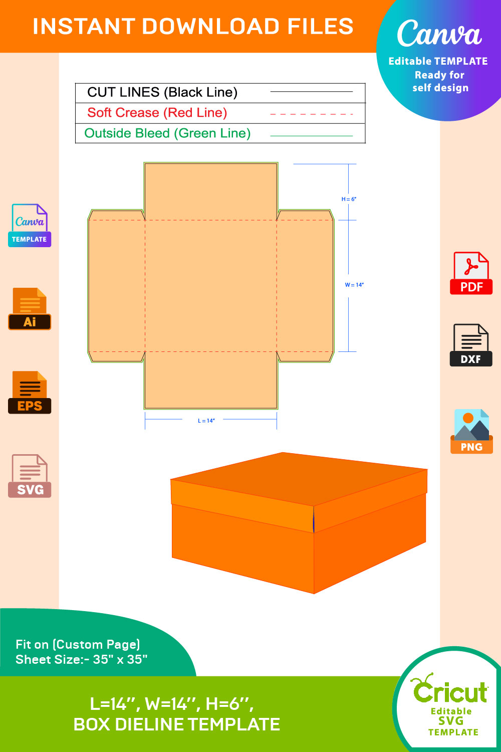 Box With Lid, Dieline Template, SVG, EPS, PDF, DXF, Ai, PNG, JPEG pinterest preview image.