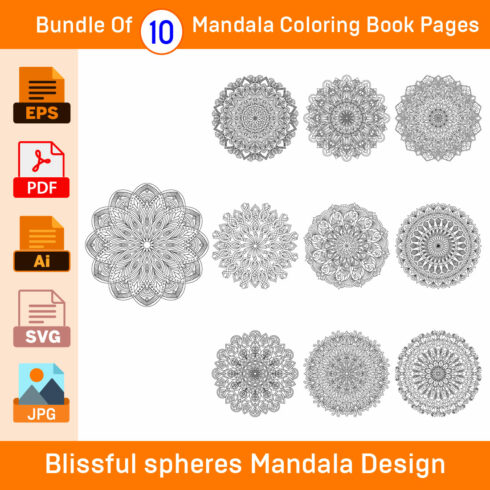 Bundle of 10 Blissful spheres Mandala Coloring Book Pages cover image.